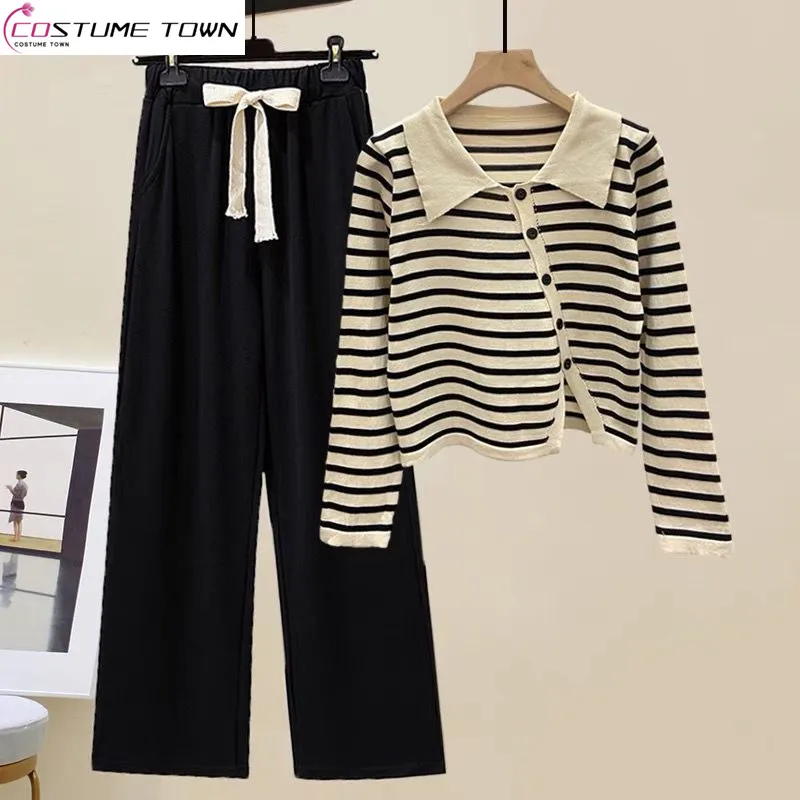 Vintage Decrescent Spring and Autumn Striped POLO Neck Knitted Long-sleeved T-shirt Casual Wide Leg Pants Two-piece Suit