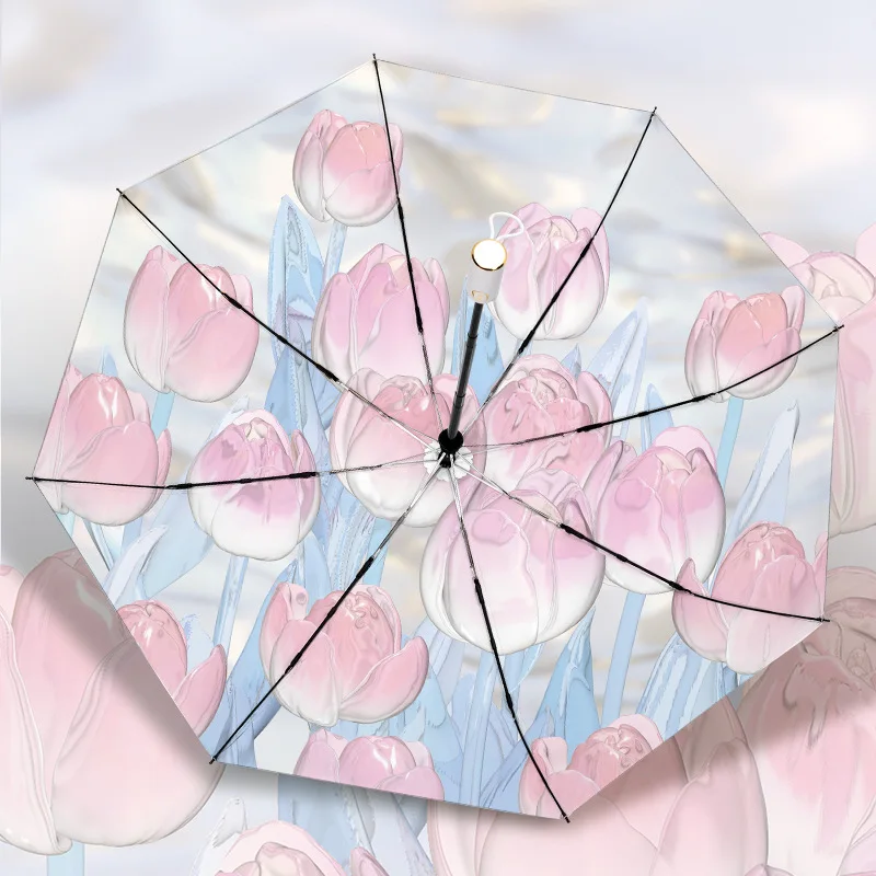 

Automatic Umbrella Elegant Three-folding Tulip Sunny and Rainny Umbrellas Summer Sun Block Umbrella Rain Gear
