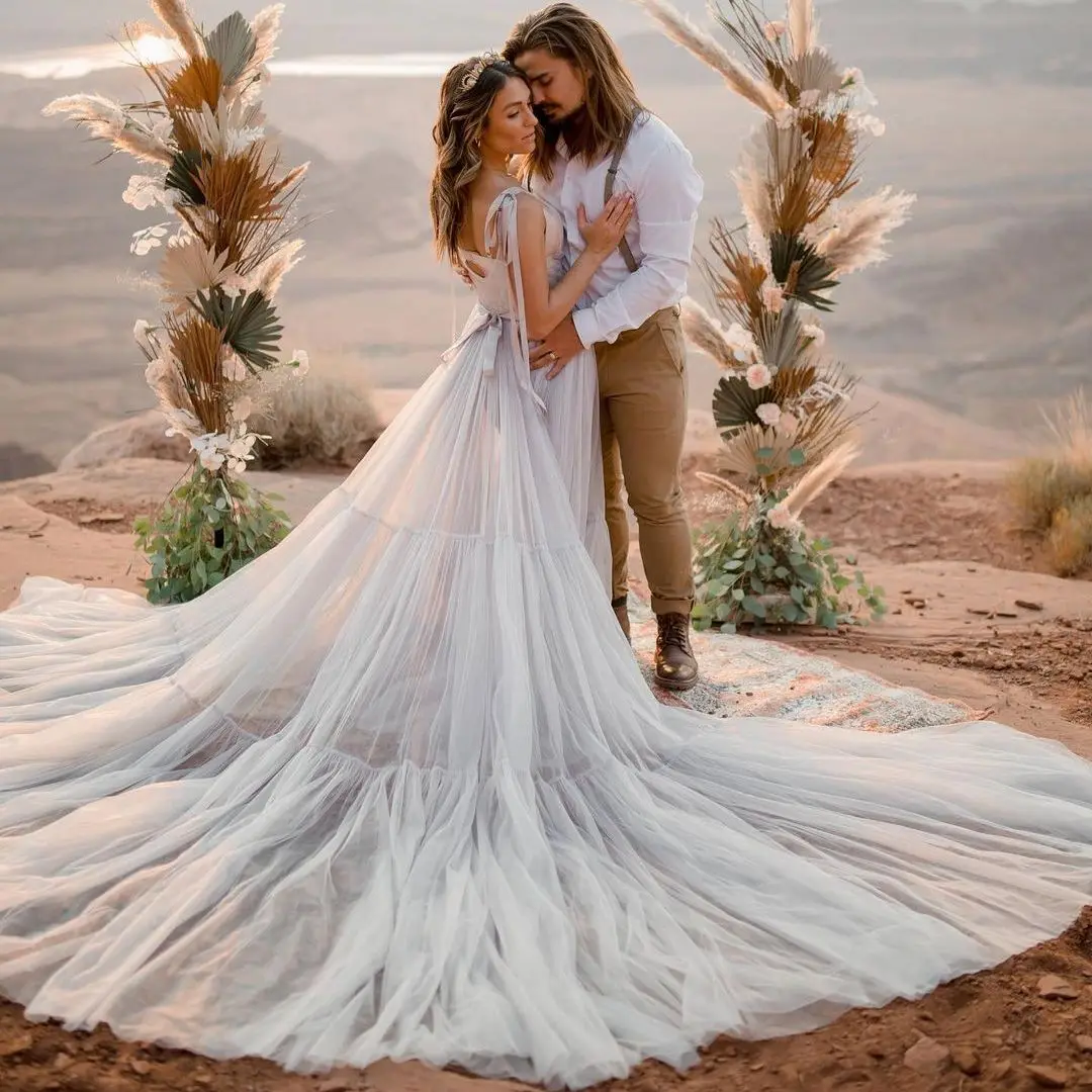 

FATAPAESE Boho Light Wedding Dress v Neck Lace Bohemian Bridal Backless Gown Ruffled Hem Tulle Skirt