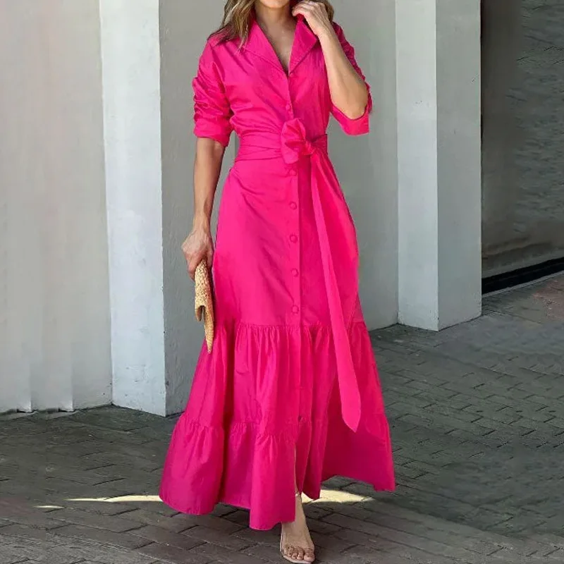 

Independent Station Fashion European and American Women's Wear 2023 Summer Casual V-neck Flare Sleeve Solid Color Dress