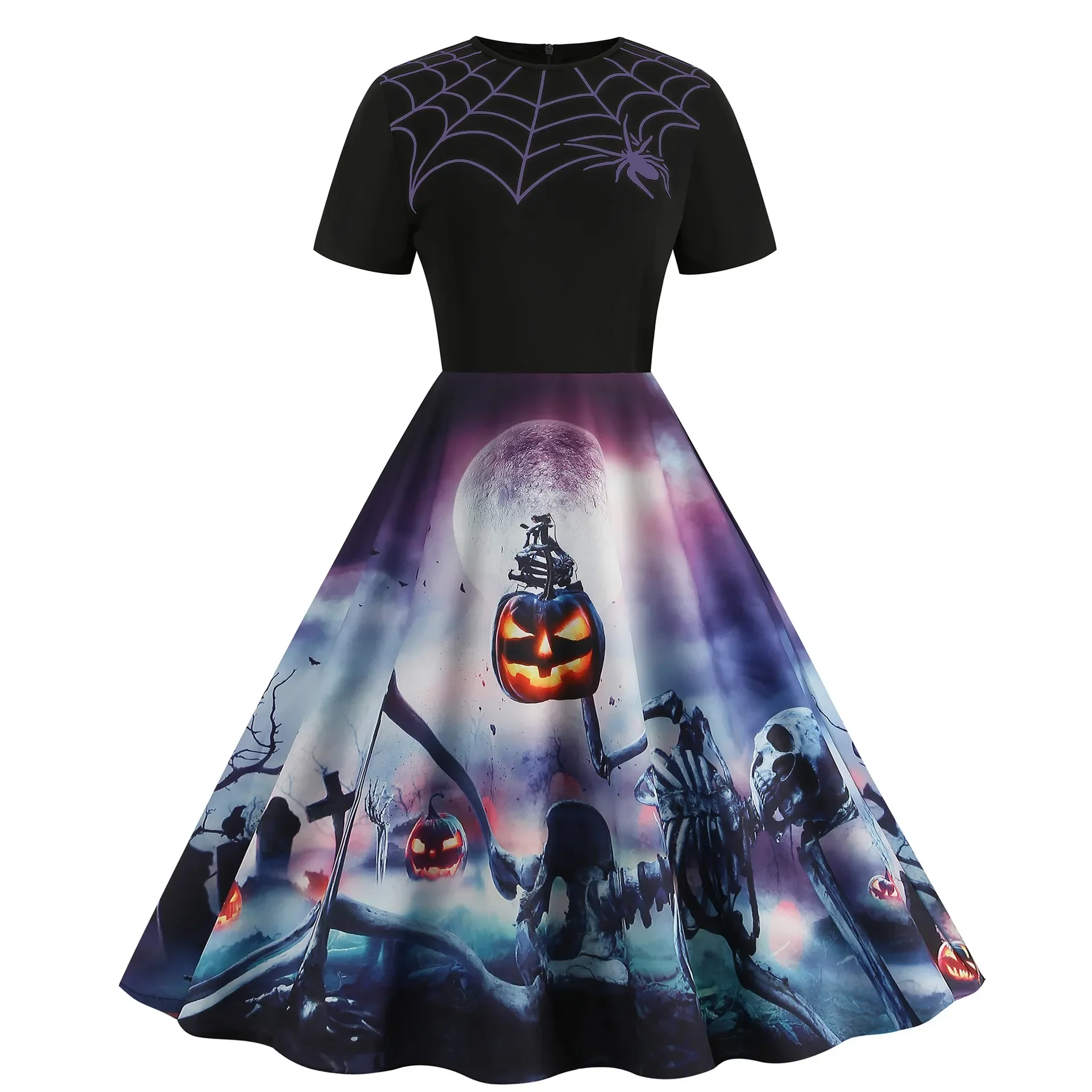 Halloween Disfraz Mujer Goth Women Cosplay Costumes Retro Dresses Robe Swing Pumpkin Skull Print Clothes Carnival Dress Up Party