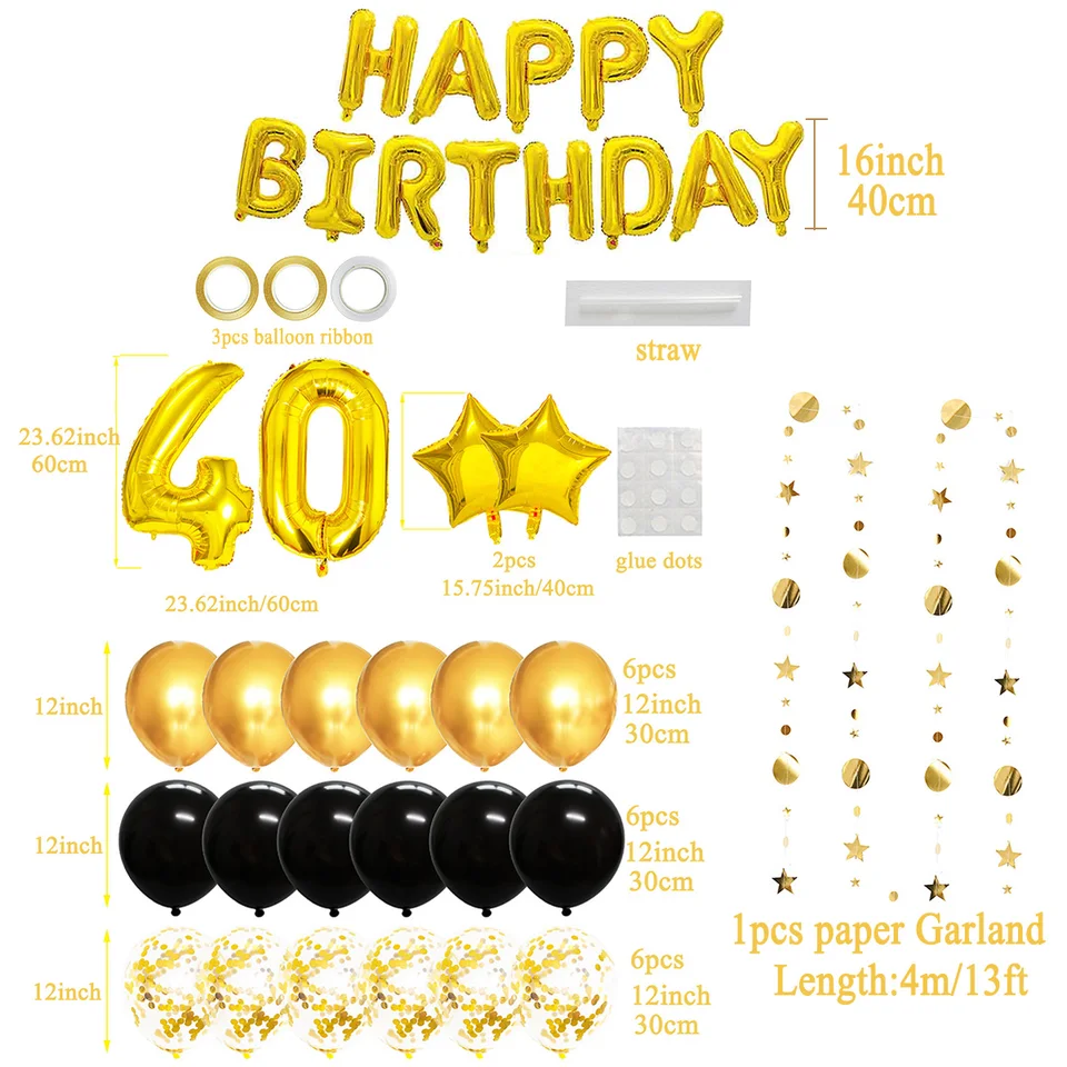 Waylipun 40 Striscione di Compleanno, 40 Anni Compleanno Festa Decorazioni Oro Nero, 40 Anni di Buon Compleanno Decorazione di Festa per Uomo Donna, Sfondo Fotografico di Tessuto 40 Feste di