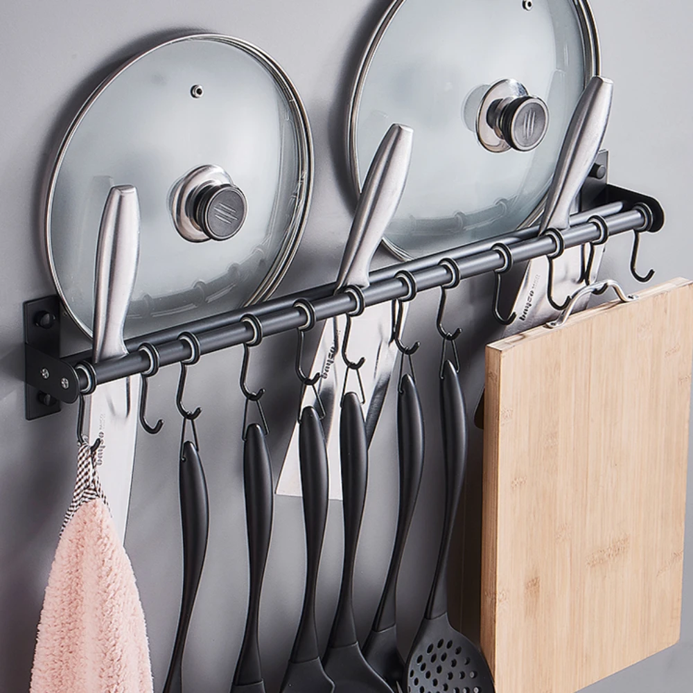 Kitchen Storage Rack Wall Mounted Organizer Spoon Holder Rack Kitchen Lid Rack Kitchen Utensil Rack Pots and Pans Hanging Rack Wall Mounted Stainless Steel Lid Cooking Utensil Hanger Sliding Hooks for Spoon