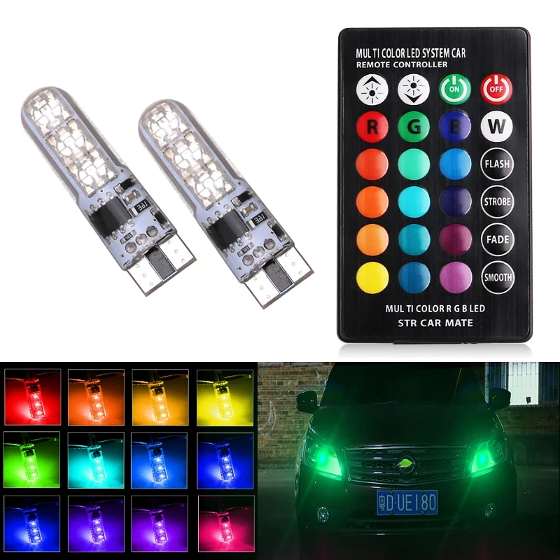 LED Light Bulb 2x T10 Waterproof W5w 501 Car Wedge Side 6SMD 5050 RGB 7 Color Remote Control (NO Battery) Strobe Flash Wedge Lamp