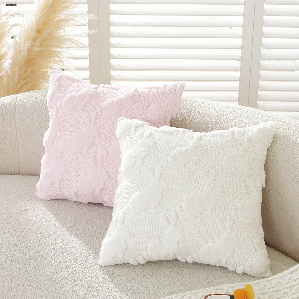 Easter Rabbits Throw Pillow Cover 45x45cm Bunny Soft Cushion Case Bunny Faux Fur Pillow Case for Living Room Bedroom