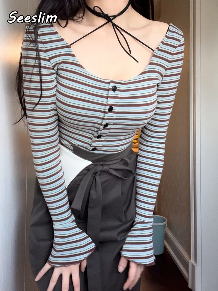 

Женская футболка в полоску, с длинным рукавом, в Корейском стиле