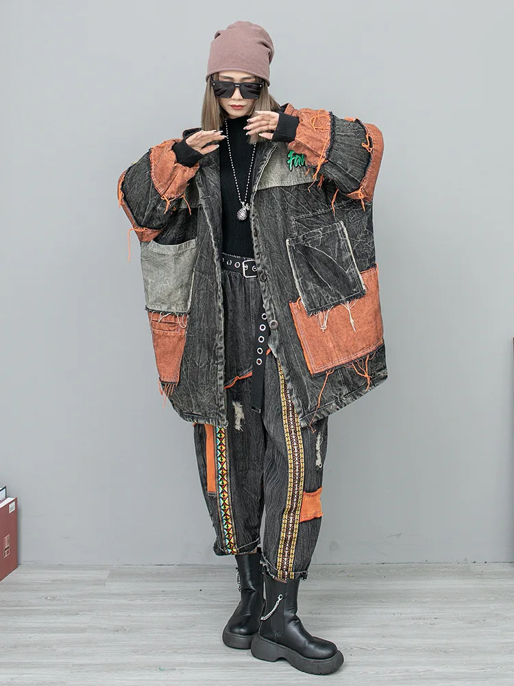 

SuperAen 2023 Winter Contrast Panel Denim Old Color Cotton Clip Thickened Hooded Oversize Long Length Cotton Coat