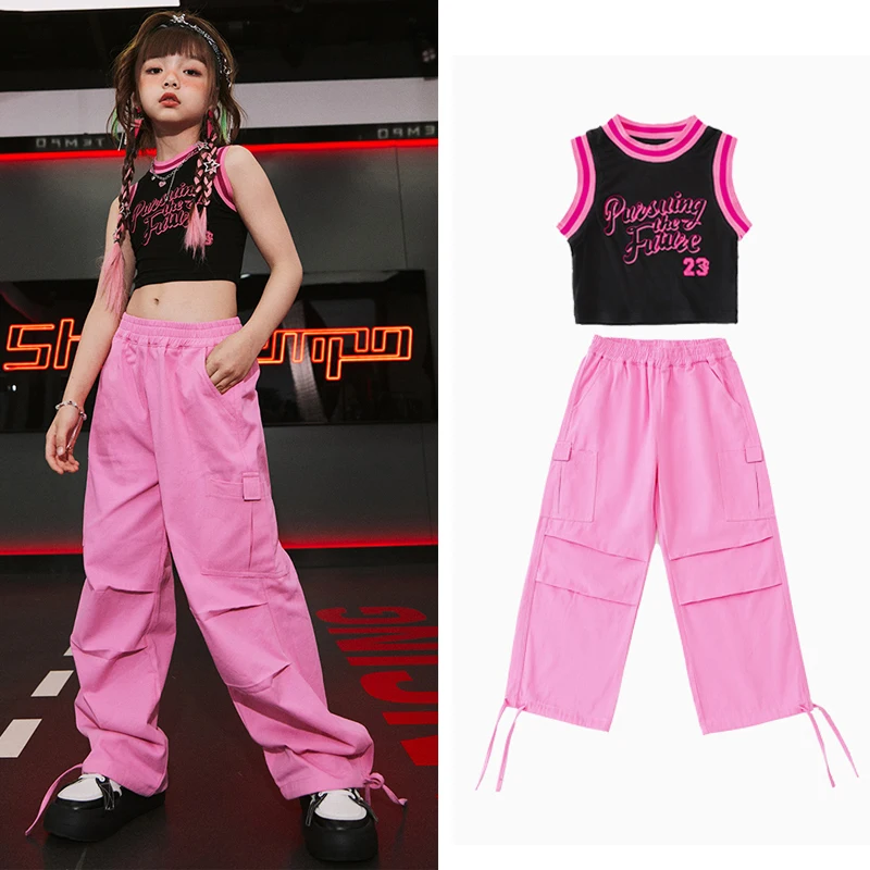 

2023 Children Street Dance Hip Hop Clothing For Kids Black Vest Pink Cargo Pants Suit Girls Jazz Dance Performance Wear DQS13356