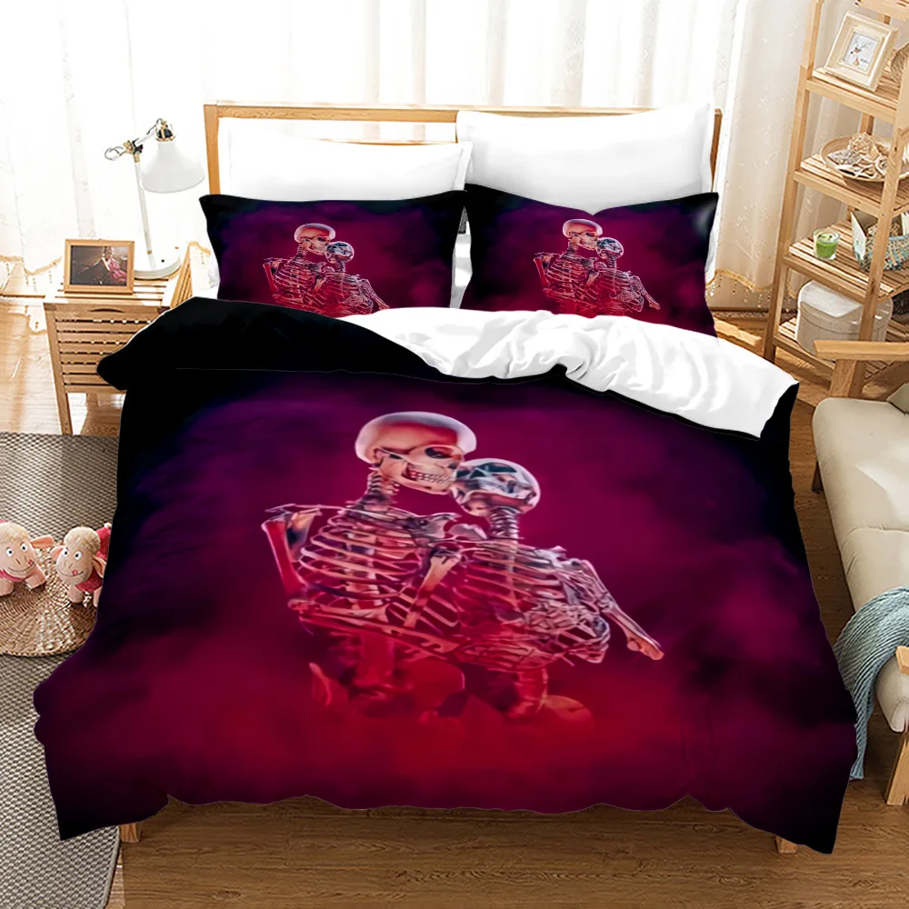 Skull Duvet Cover King/Queen Size,Halloween Scary Evil Death Theme Quilt Cover,Gothic Fog Smoke Skeleton Graveyard Bedding Set 