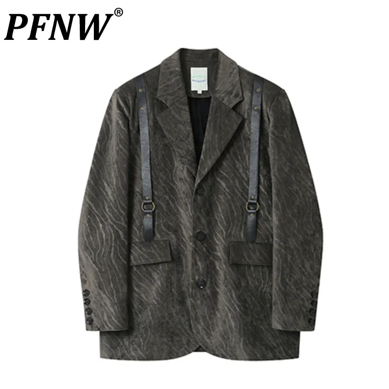 

PFNW Men's Tide Autumn Spring Punk Vintage Zebra Strap Blazers High Street Fashion Casual Loose Suit Niche Chic Coats 12Z2394