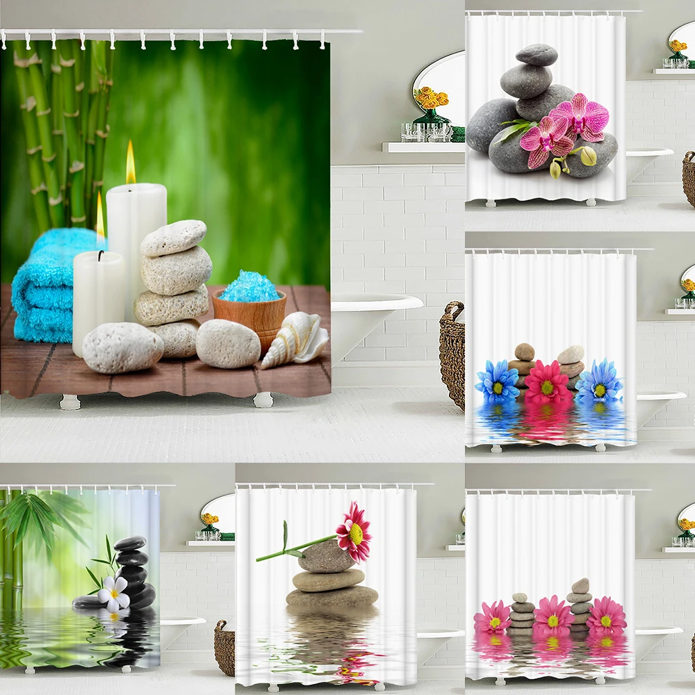 

Zen Stone Shower Curtains Beautiful Plant Flowers Water 3D Printed Fabric Waterproof Bathroom Curtain Home Decor Cortina De Baño