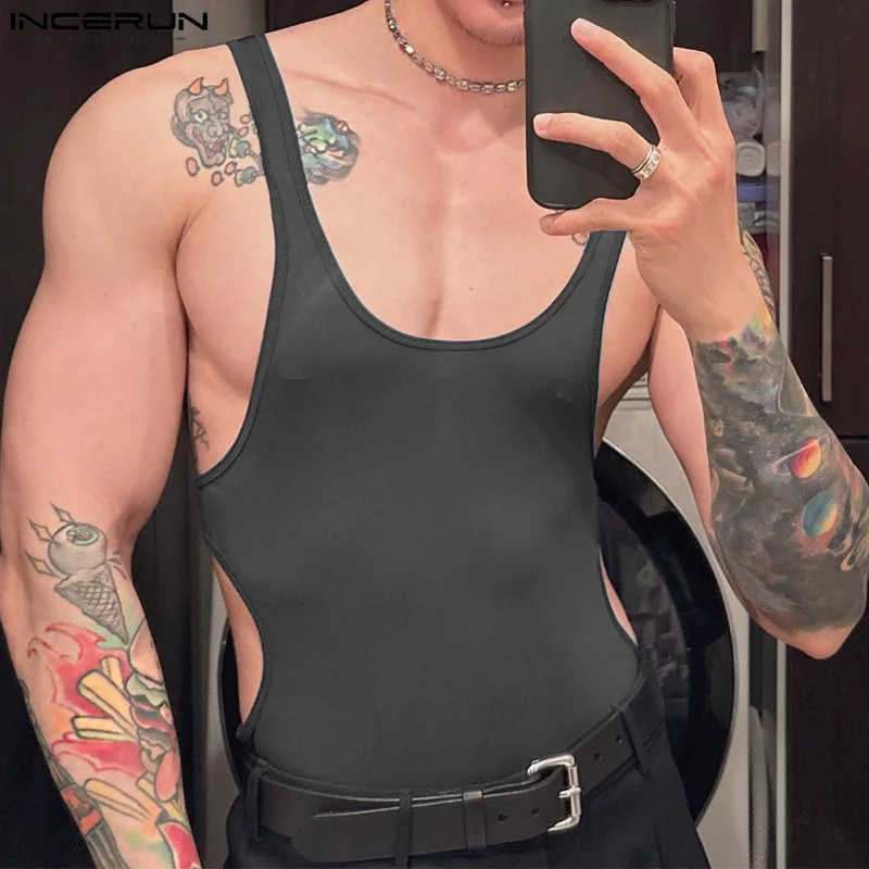 

INCERUN Men Bodysuits Solid Color Skinny O-neck Sleeveless Casual Male Rompers 2024 Summer Hollow Out Sexy Underwear Bodysuit