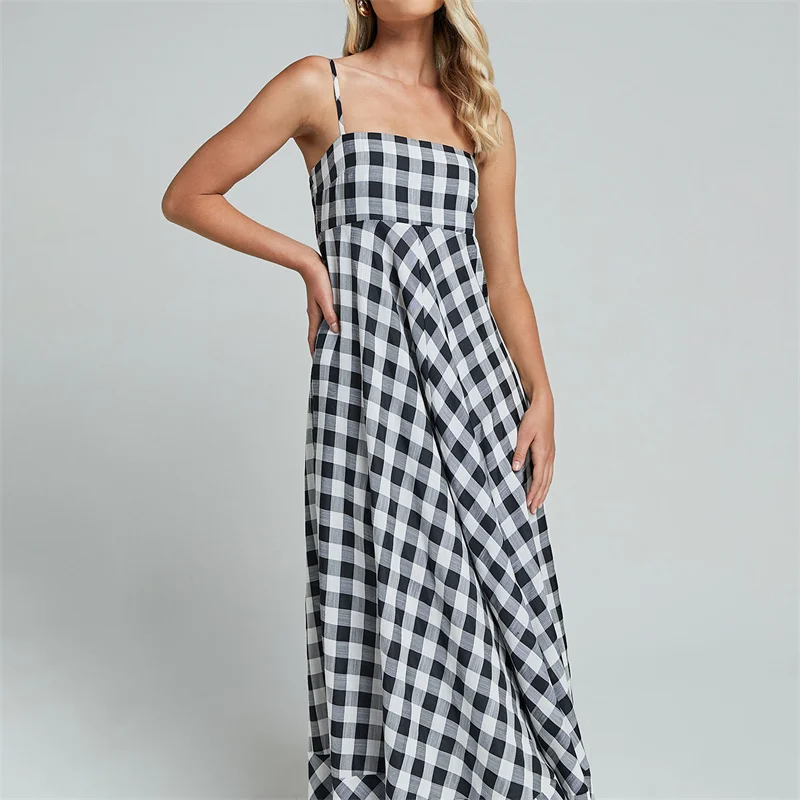 Summer Long Dresses Women Plaid Print Spaghetti Strap Sleeveless A Line Dresss Vacation Party Dresses Beachwear