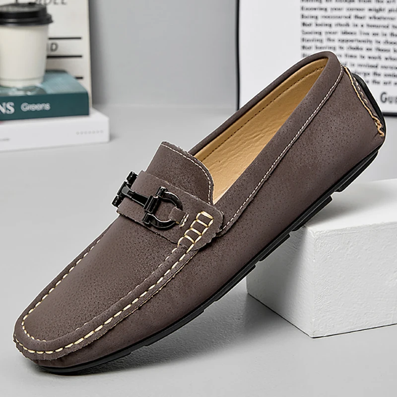 Men's Loafers Driving Leather Shoes Spring and Summer Low Set Foot Casual Shoes Abrasive Leather Flat Large Size Men's Shoes