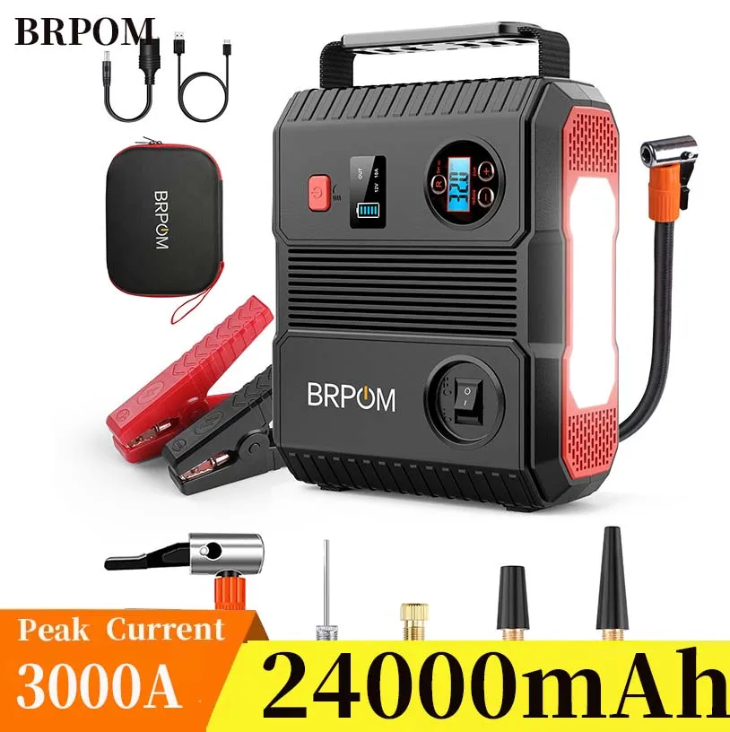 4 In 1 3000A Car Jump Starter with Air Compressor 24000mAh Portable Booster Charger Car Booster Starting Device car jump starter jump starter car battery charger portable battery charger