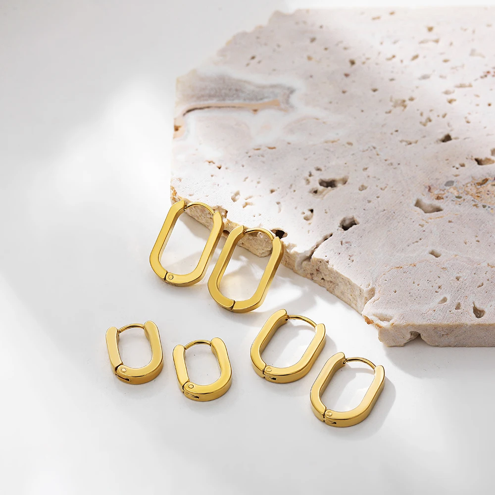 Geometric Oval Gold Color Stainless Steel Hoop Earrings for Women Men Piercing Huggie Earring Ear Buckle Punk Rock Jewelry