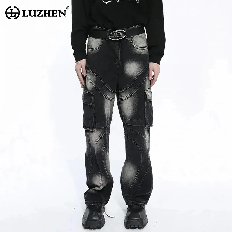 

LUZHEN Large Contrast Men's Patchwork Jeans Color Personalized Tie-dyed Pockets Male Denim Straight Pants High Street New 9C4949