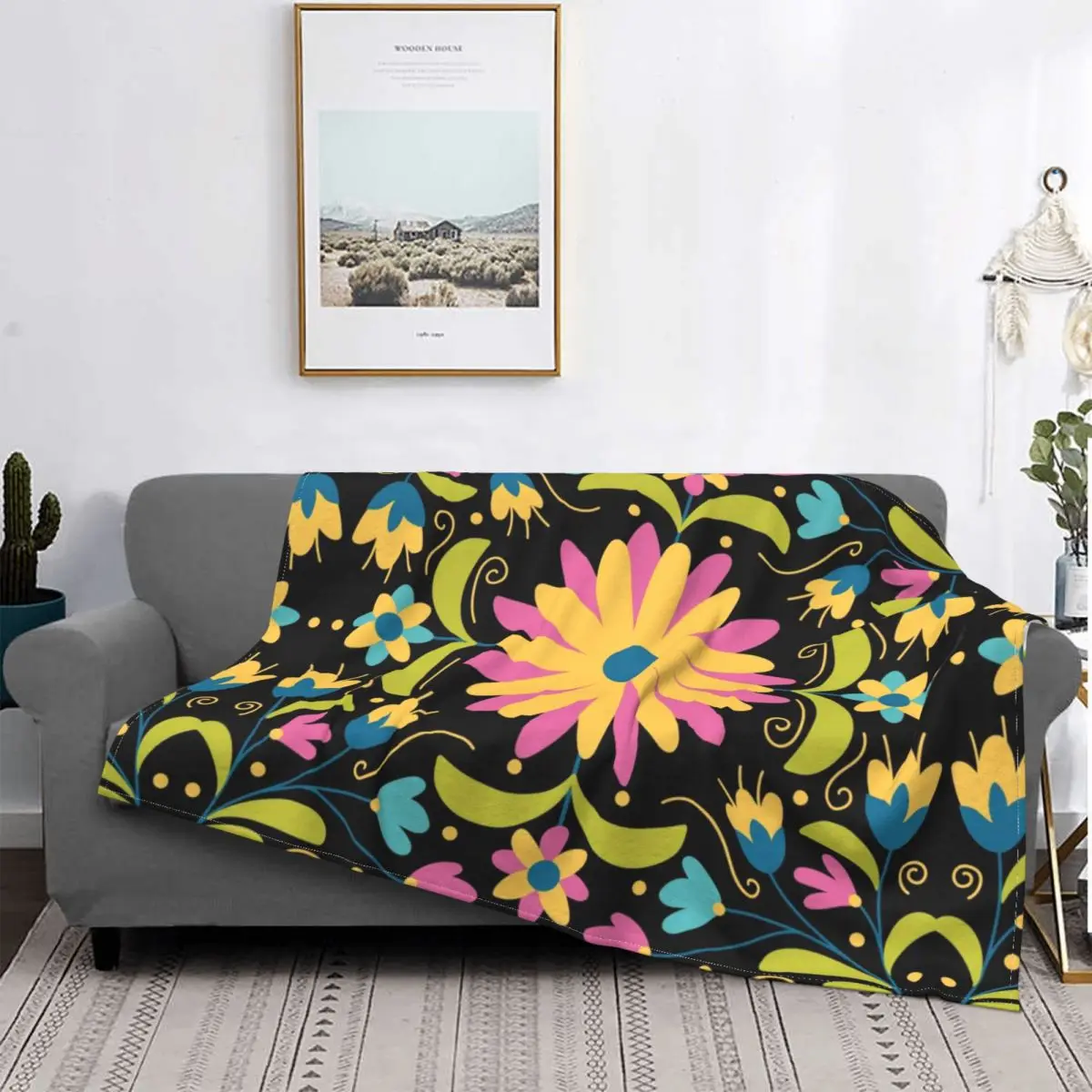 

Mexican Vibrant Otomi Textile Blankets Comfortable Flannel Autumn Traditional Embroidery Throw Blanket for Sofa Office Bedroom