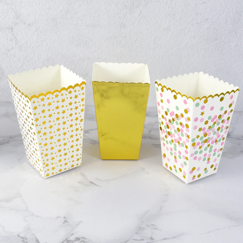 12pcs Gold Silver Dot Wave Striped Paper Popcorn Box Pop Corn Candy/ Snack Favor Box Xmas Wedding Kid Birthday Party Decoration