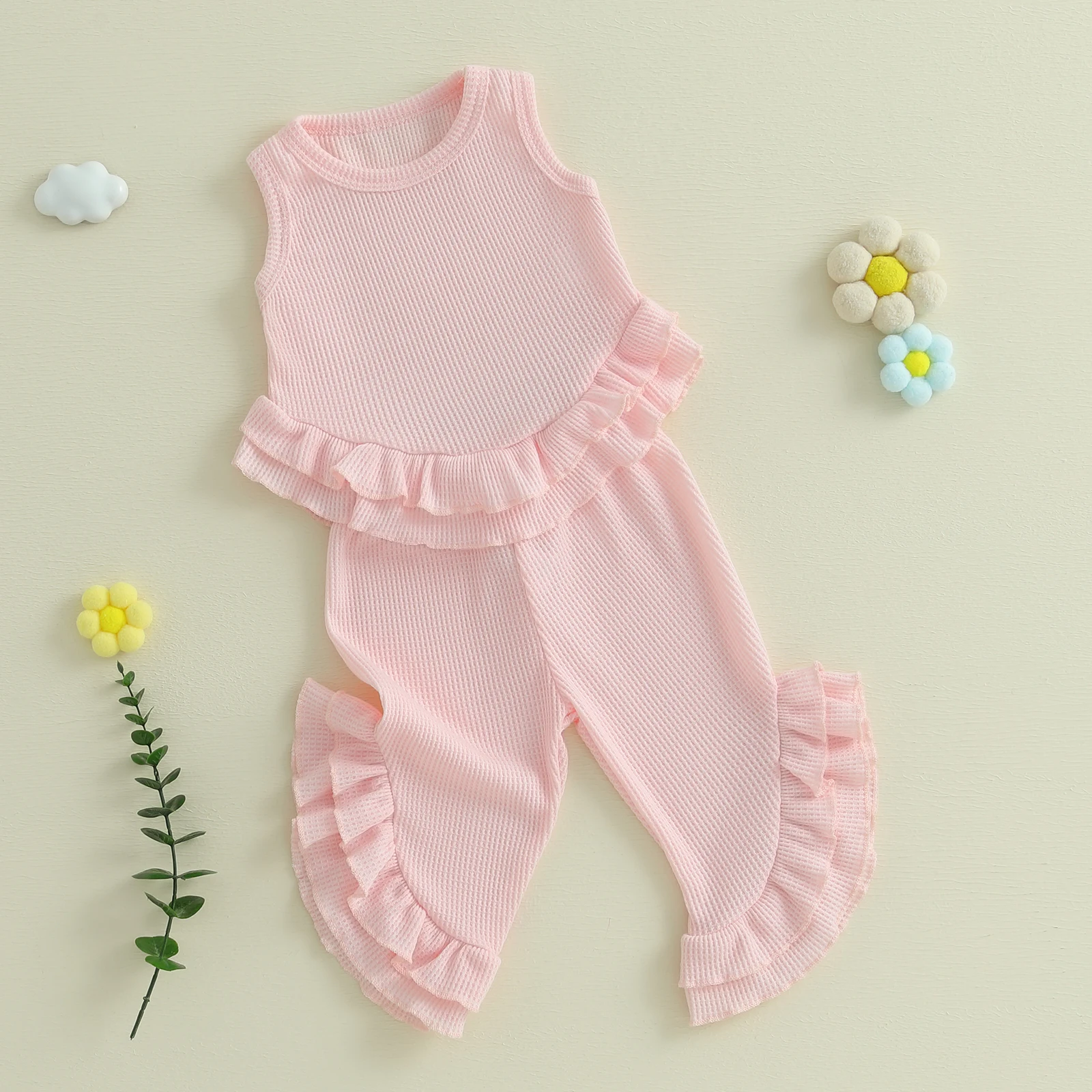 FOCUSNORM 0-4Y Fashion Kids Girls Summer Clothes Sets Solid Waffle Sleeveless Ruffled Tank Tops with Long Pants