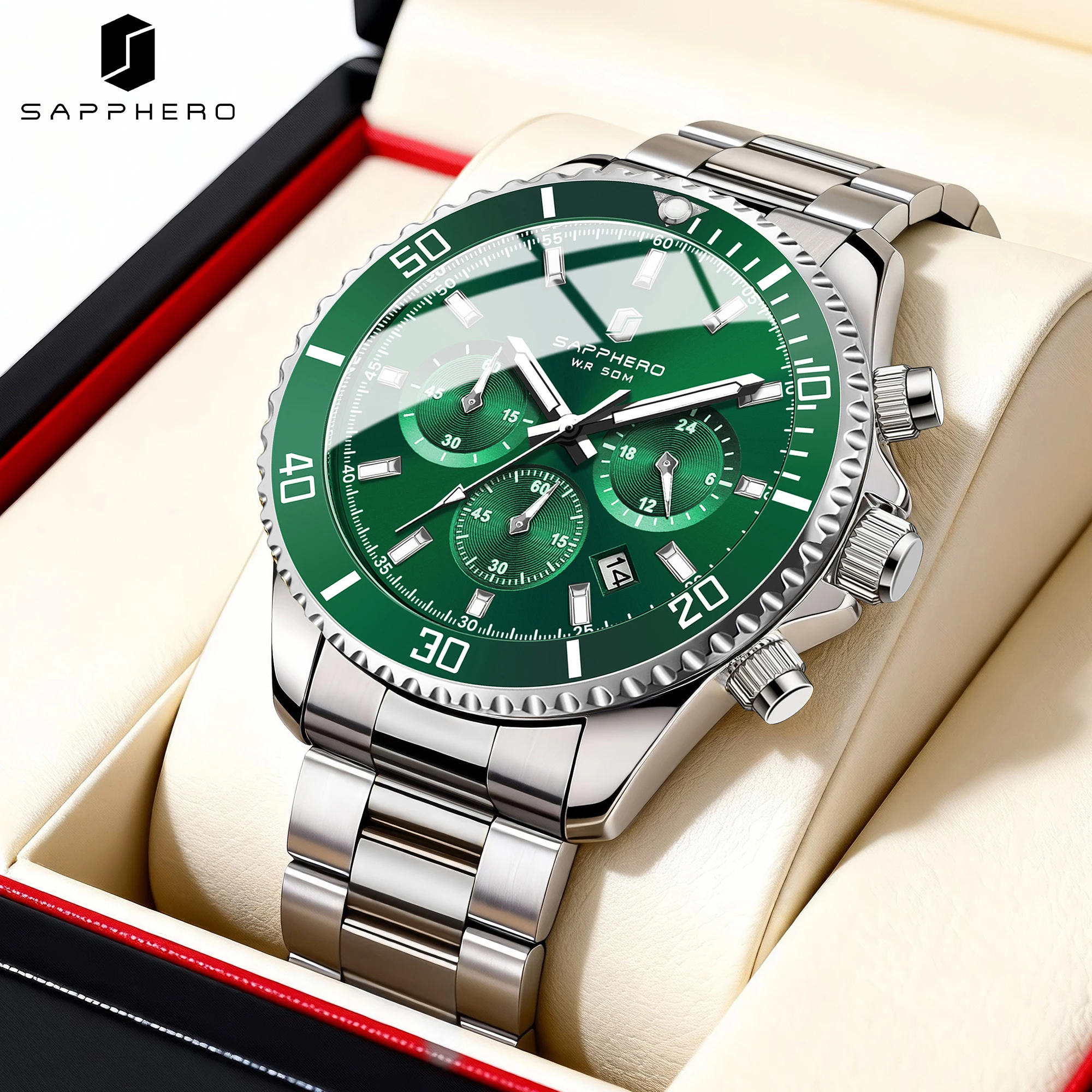SAPPHERO Montre Homme Quartz Luxe Chronographe Sport Acier Inoxydable Étanche 50M Date Lumineux Montre Bracelet Élégante Business 1 SAPPHERO Montre Homme Quartz Luxe Chronographe Sport Acier Inoxydable Étanche 50M Date Lumineux Montre Bracelet Élégante Business 1