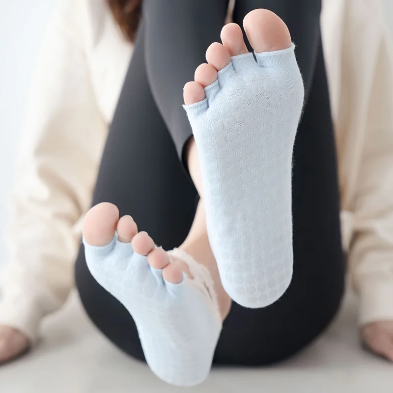 Five Fingers Toe Yoga Socks for Women Breathable Lace Cross Staps Silicone Anti-Slip Cotton Pilates Dance Ballet Socks Sports