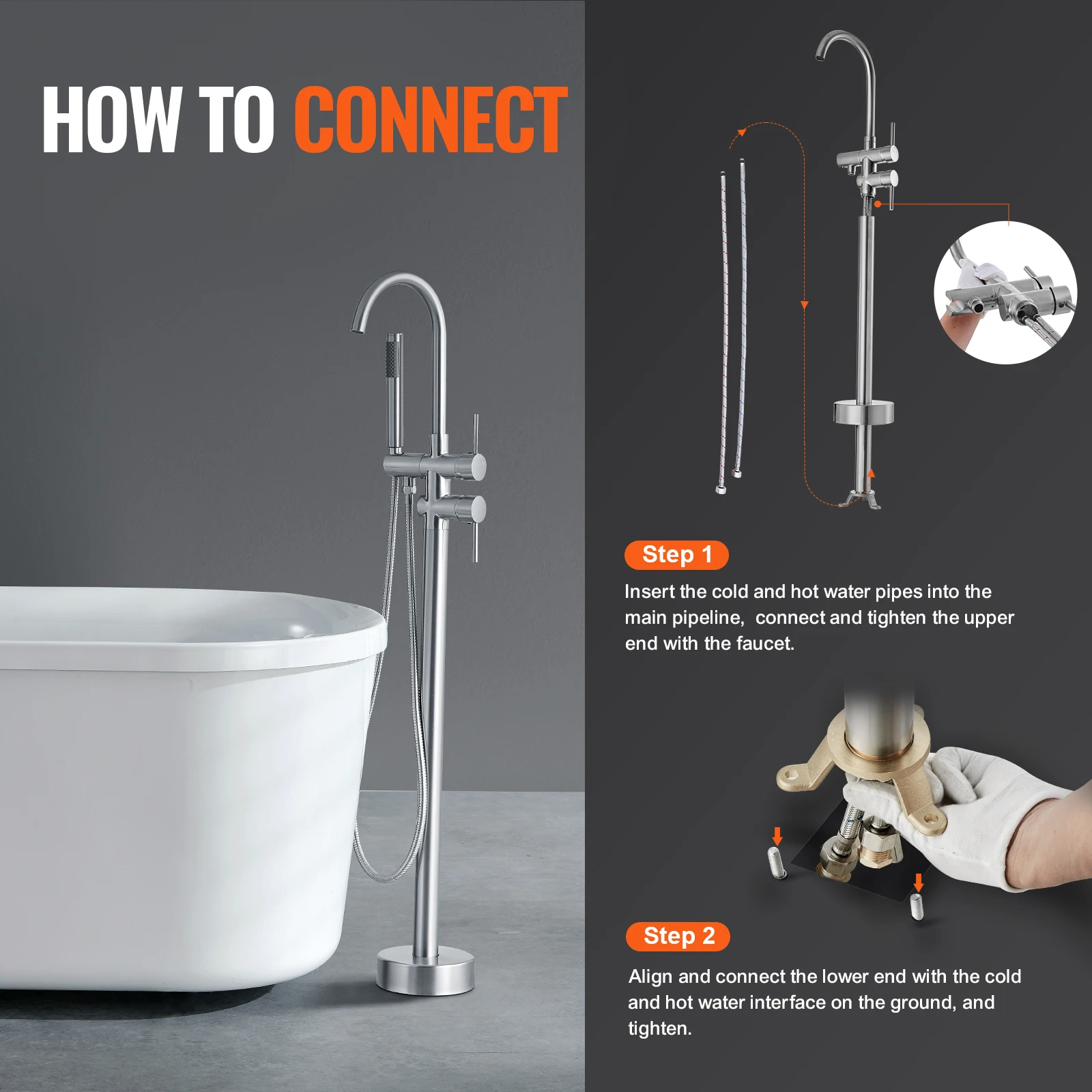 VEVOR Freestanding Bathtub Faucet Floor Mount Shower Mixer Taps For Bathing Showering Pet Cleaning Drains Toilet Flushing 6