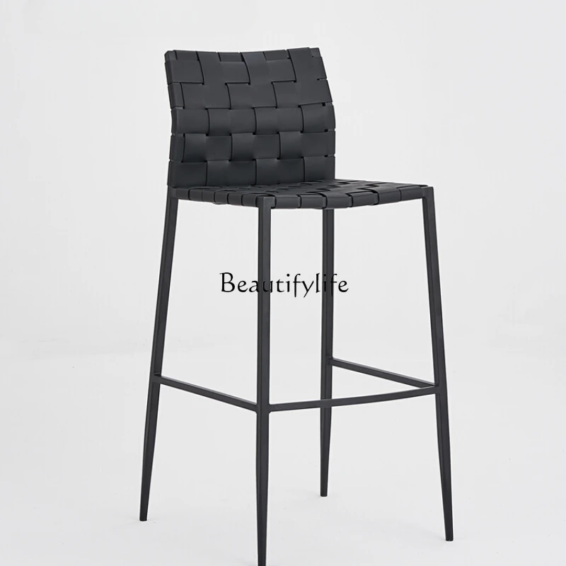 

Italian Minimalist Saddle Leather Braided High Chair Black Home Bar Stool