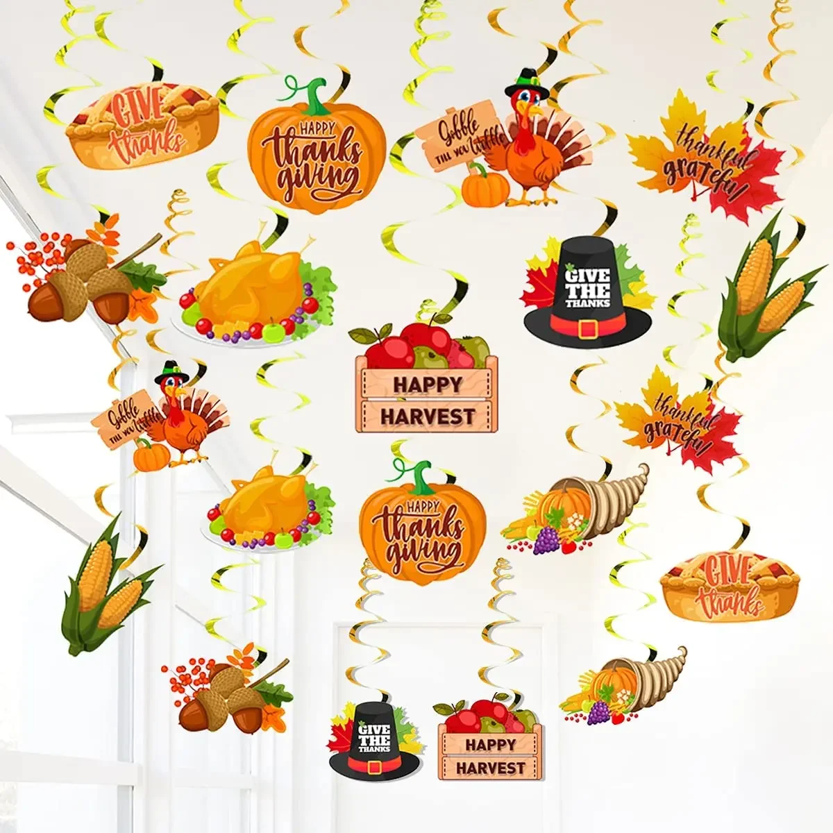 

Thanksgiving Hanging Swirls Decorations, Fall Friendsgiving Hanging Swirl with Maple Leaves Pumpkin and Turkey Party Supplies