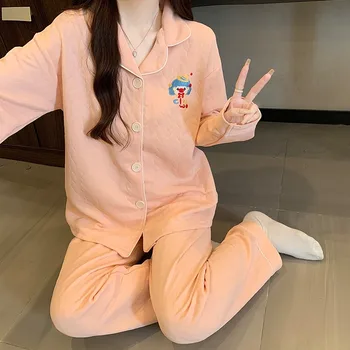 التطريز متعة الكرتون المرأة منامة مجموعة Harajuku نمط الحلو لطيف 2 دعوى مجموعة ملابس خاصة 2025 الخريف الشتاء لينة منامة مجموعة 2