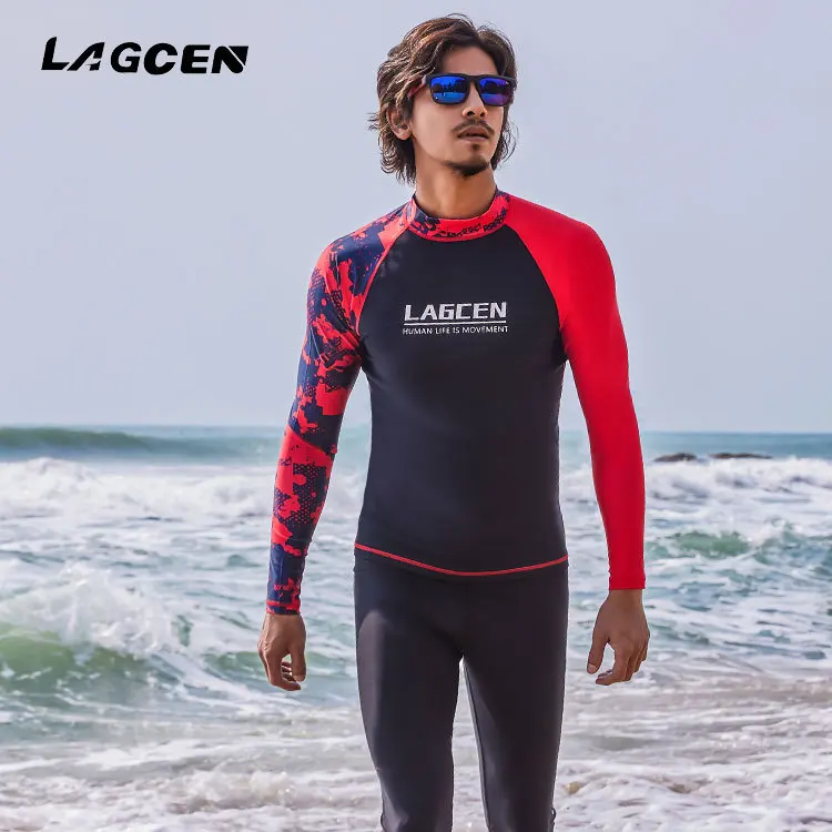 Men UPF 50+ Long Sleeve Surfing Diving Splice UV Sun Protection Basic Skins Swimming T Shirt Blue Black M 3X