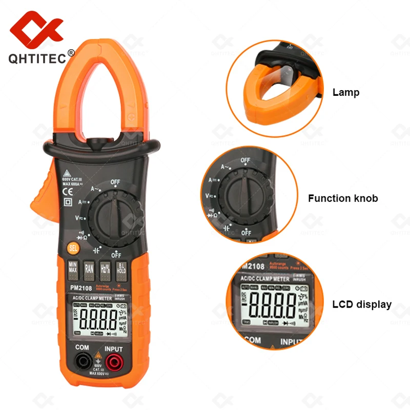 

QHTITEC PM2108 Clamp Meter 6600 Counts AC DC Digital Tester Multimeter True RMS Current Resistance Capacitance Frequency