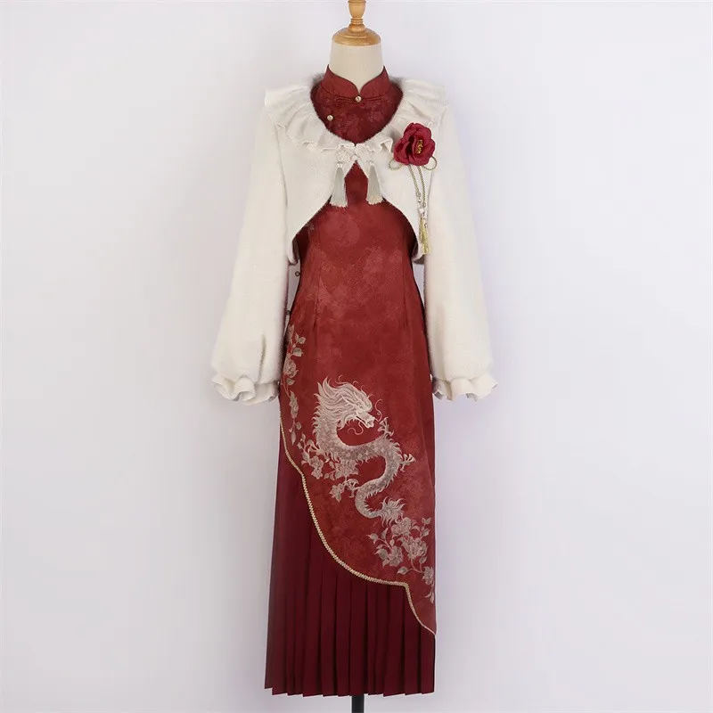 

Китайский дракон, вышивка комплект платья Ципао, китайский стиль, улучшенный, элементы династии Хань, женский топ + набор Ципао