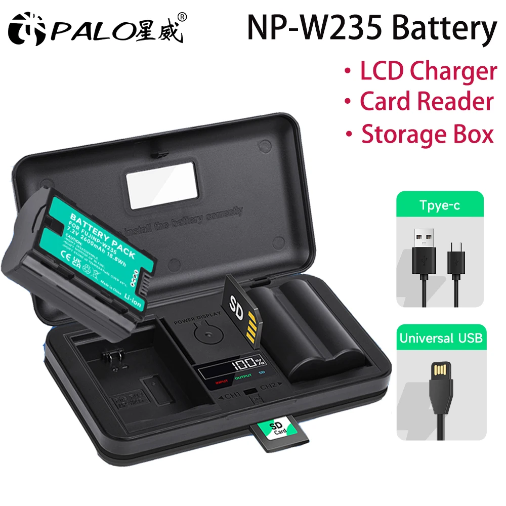 Batteria Palo 2600Mah Np-W235 Np W235 Per Fujifilm Fuji X-T4 Gfx 100S X-T5 X-H2 Batterie Gfx 50S Ii + Custodia Per Caricabatterie Usb Lcd Doppio