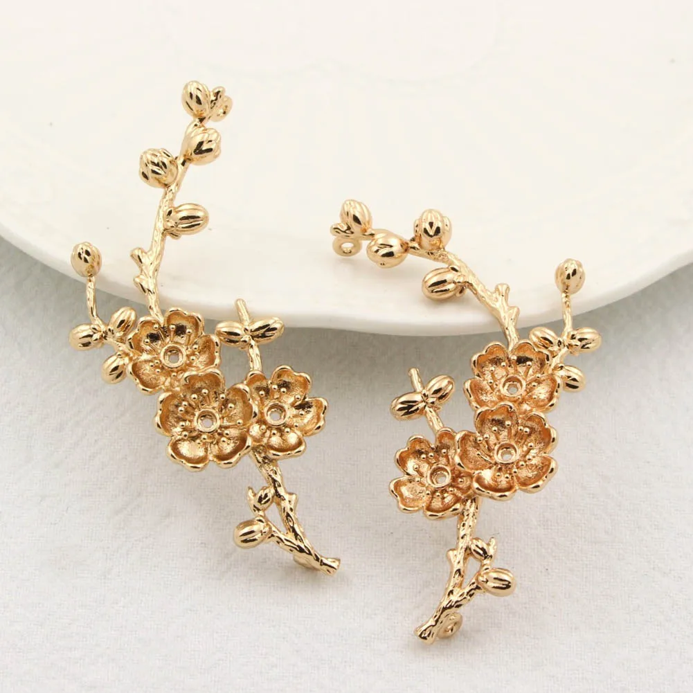 겨울 꽃 가지 펜던트 참, 2 루프 커넥터, 61x25mm, 품질 황동 캐스팅 KC 골드 도금 DIY 헤어 쥬얼리, 6 쌍