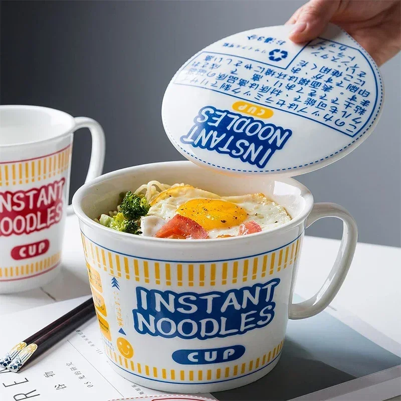Hot Sale Ceramic Instant Noodle Bowl With Handle Large Capacity instant noodles bowl Cute Design instant noodles Bowl With Lid