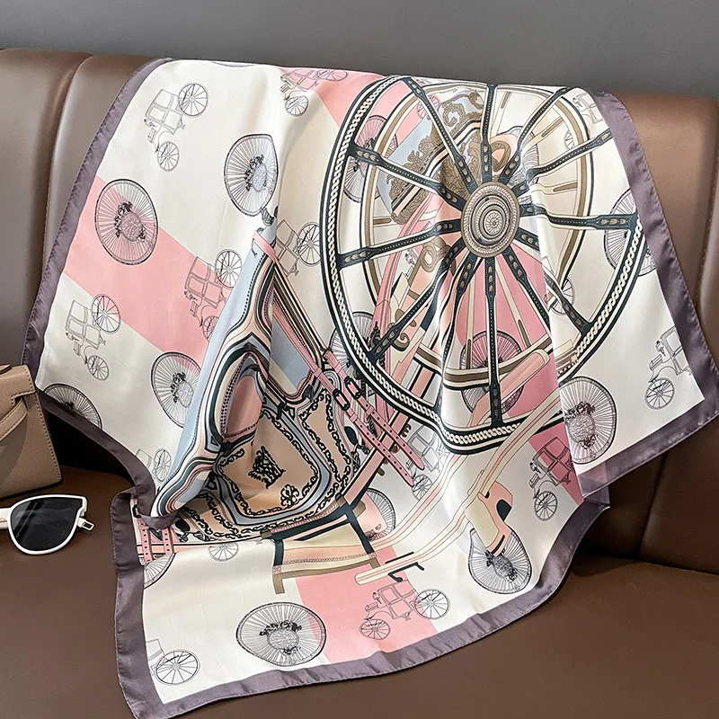 Luxury Design Carriage Print Silk Square Scarf for Women Fashion Skinny Neck Tie Soft Satin Hijab Female Neckerchief Hair Scarf 3