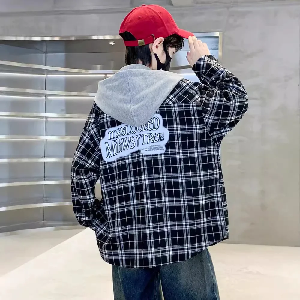 Loose Plaid Hooded Shirt for Boys Mid-to-Big Children Spring Autumn Fashionable Casual Top Hot Sale Of The Season