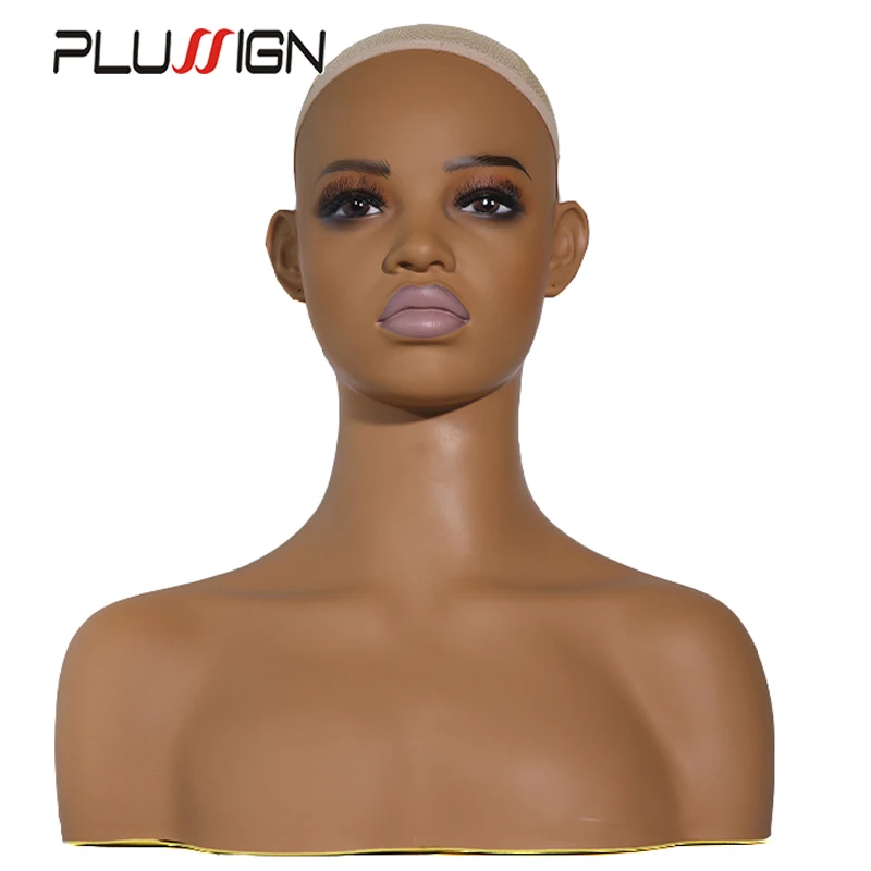 Realistic Female Mannequin Head With Shoulder Manikin PVC Head Bust Wig Head Stand With Makeup For Wigs Necklace Earrings Light Brown
