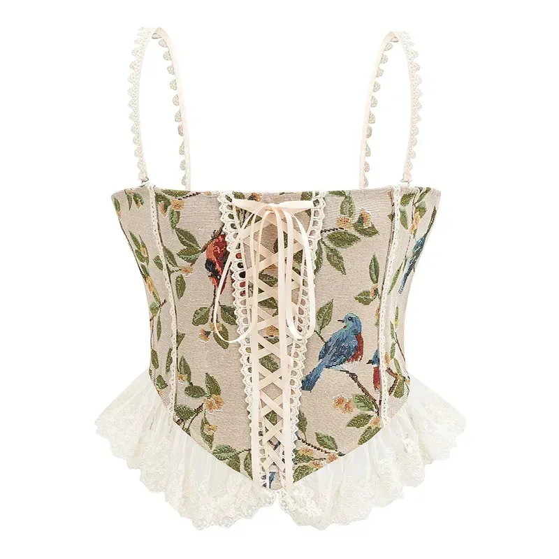 

Bandage Retro Strap Bustier Crop Top Vest Woman Sexy Lace-Up Floral Print Push Up Overbust Corset Body Shapewear