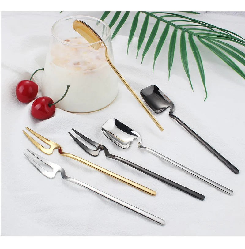 Stainless Steel Fruit Fork Wall-mounted Gold Plated Long Handle Stylish Latte Ice Cream Sundae Coffee Spoon 1pcs stainless steel spoon fruit fork
