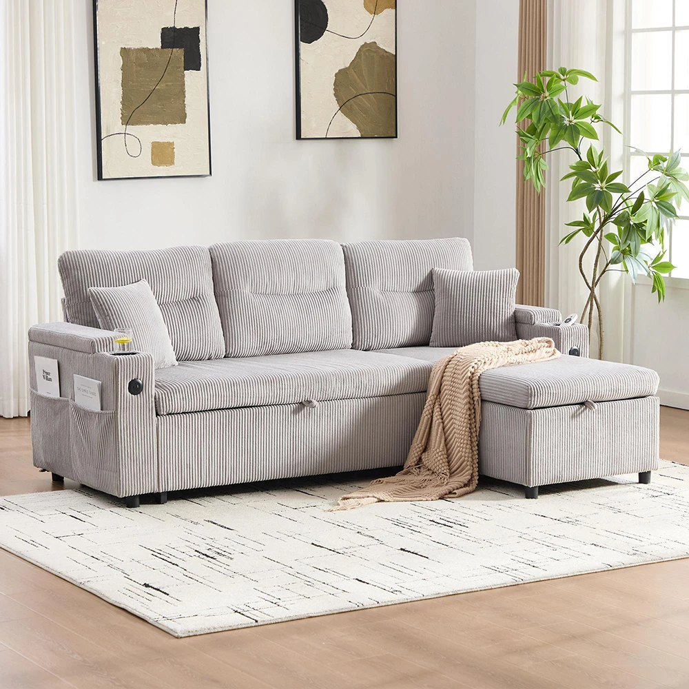 KOMHTOM Modernes 3-Personen-Leinensofa mit Stauraum, Getränkehalter, USB-C, Hydraulische Chaiselongue, Schubladenbett – Detail 6