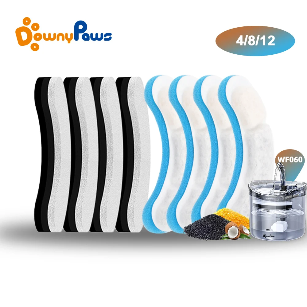 DownyPaws 4/8/12PCS Cat Water Fountain Replacement Filters for WF050/WF060 Activated Carbon Filter for Pet Auto Drinking Feeder