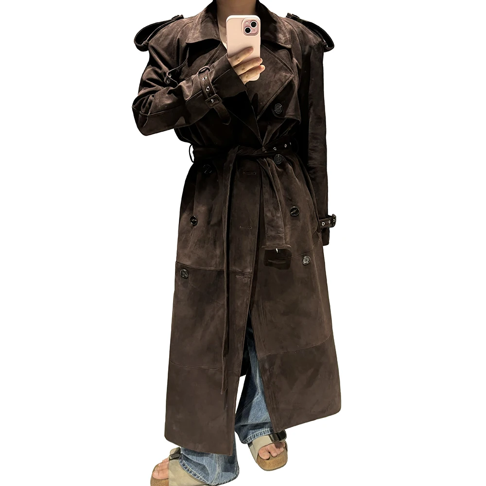 YOLOAgain Trench-Coat en cuir véritable pour femme, manteau en daim véritable, longueur au sol, 150cm