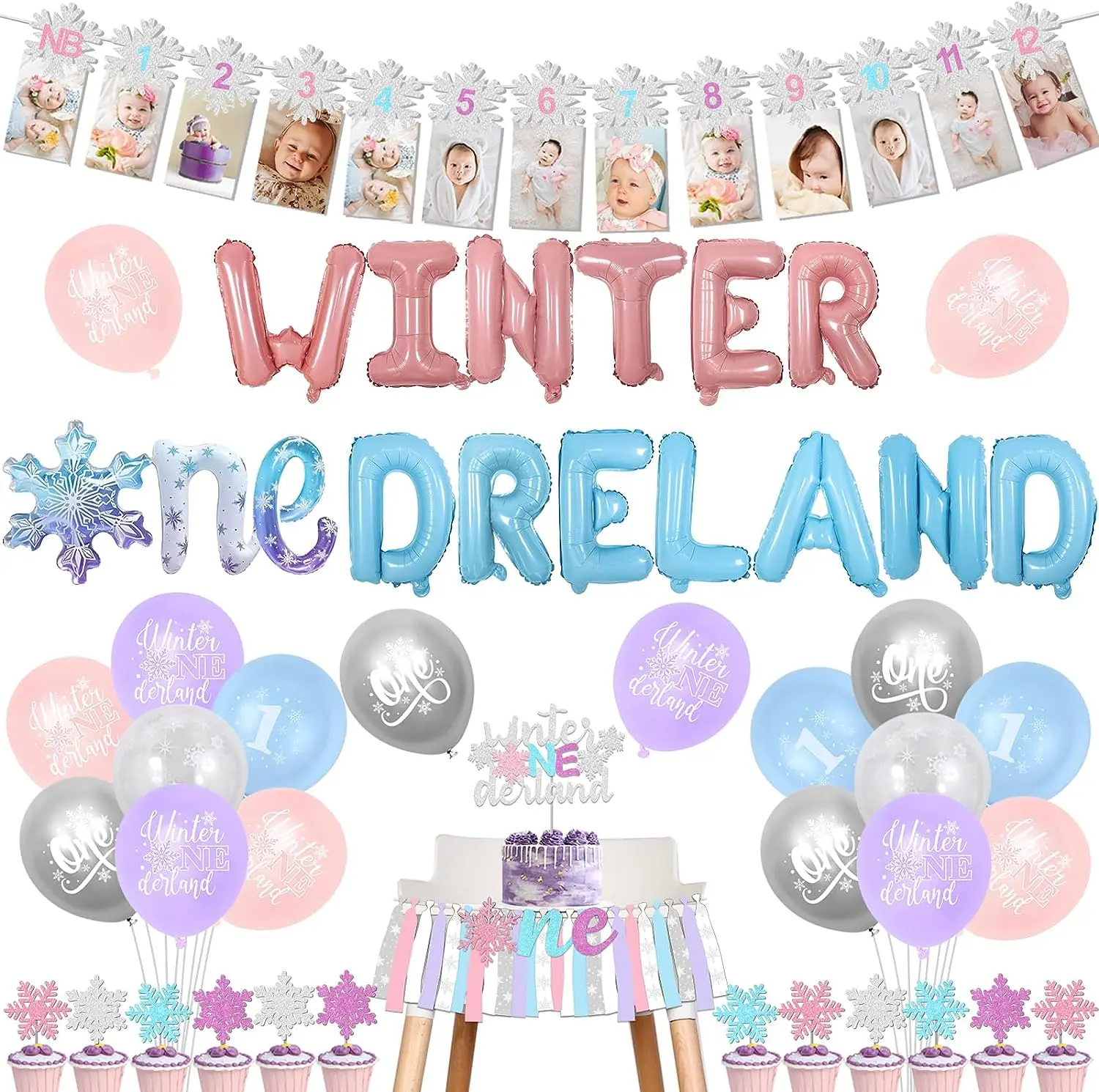 

Winter Onederland-1st Birthday Party Decorations for Girls, Pink and Blue Snowflake, Supplies with Highchair Banner, 1 Year