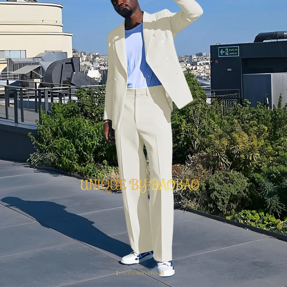 Lake Blue Men 2-piece Suit Double Breasted Blazer Trousers for Wedding Groom Prom Clothing Business Set Party Wear Tailored Outfit