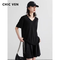 CHIC VEN femmes T-Shirts ample décontracté solide nouveau basique femme T-Shirts à manches courtes haut pour fille femme vêtements été 2025 1