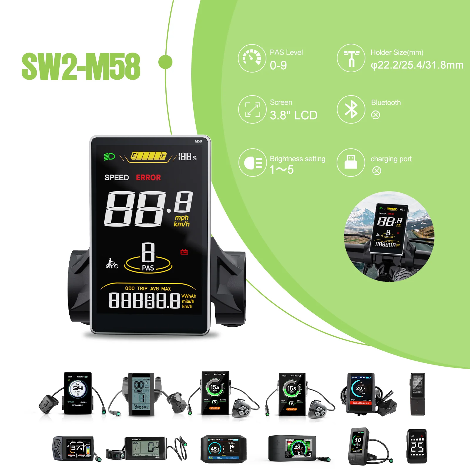 바팡 BBS01 BBS02 BBSHD UART 모터용 전기자전거 디스플레이 SW2-M58 3.8인치 LCD 화면 9PAS 방수 5핀 암형