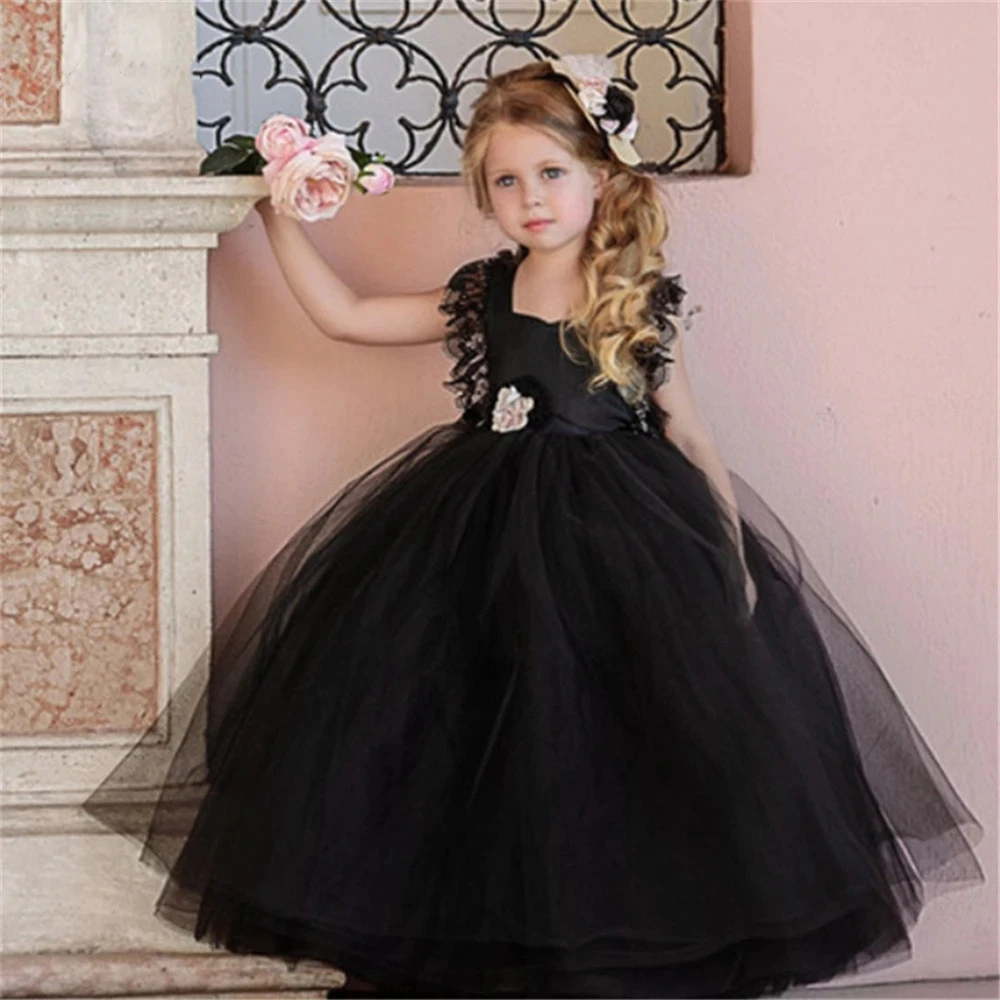 

Lovely Black Angel Tulle Lace Flower Girl Dress Princess Ball First Communion Dresses Kids Surprise Birthday Present