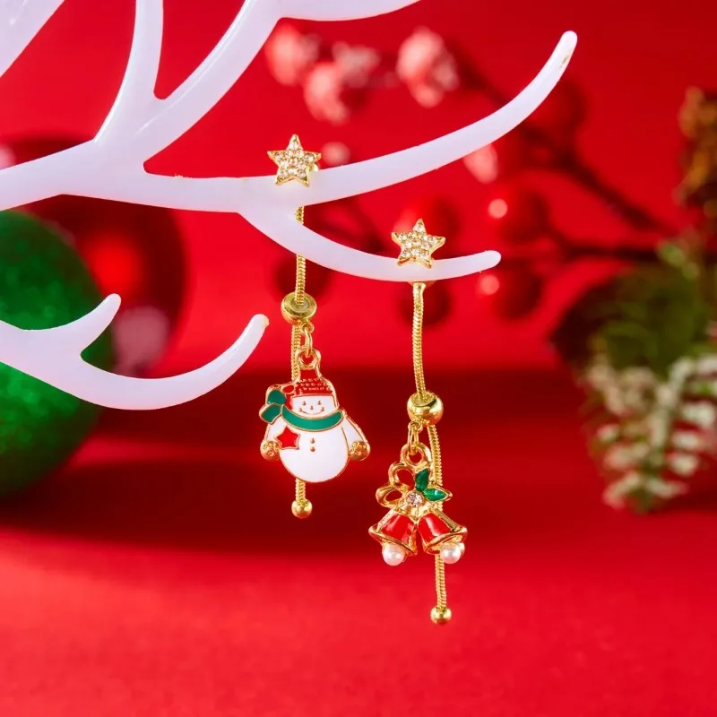 Sweet Christmas Sliding Earrings Santa Claus Snowflake Tree Snowman Bell  Asymmetric Dangle Earring Jewelry for Women